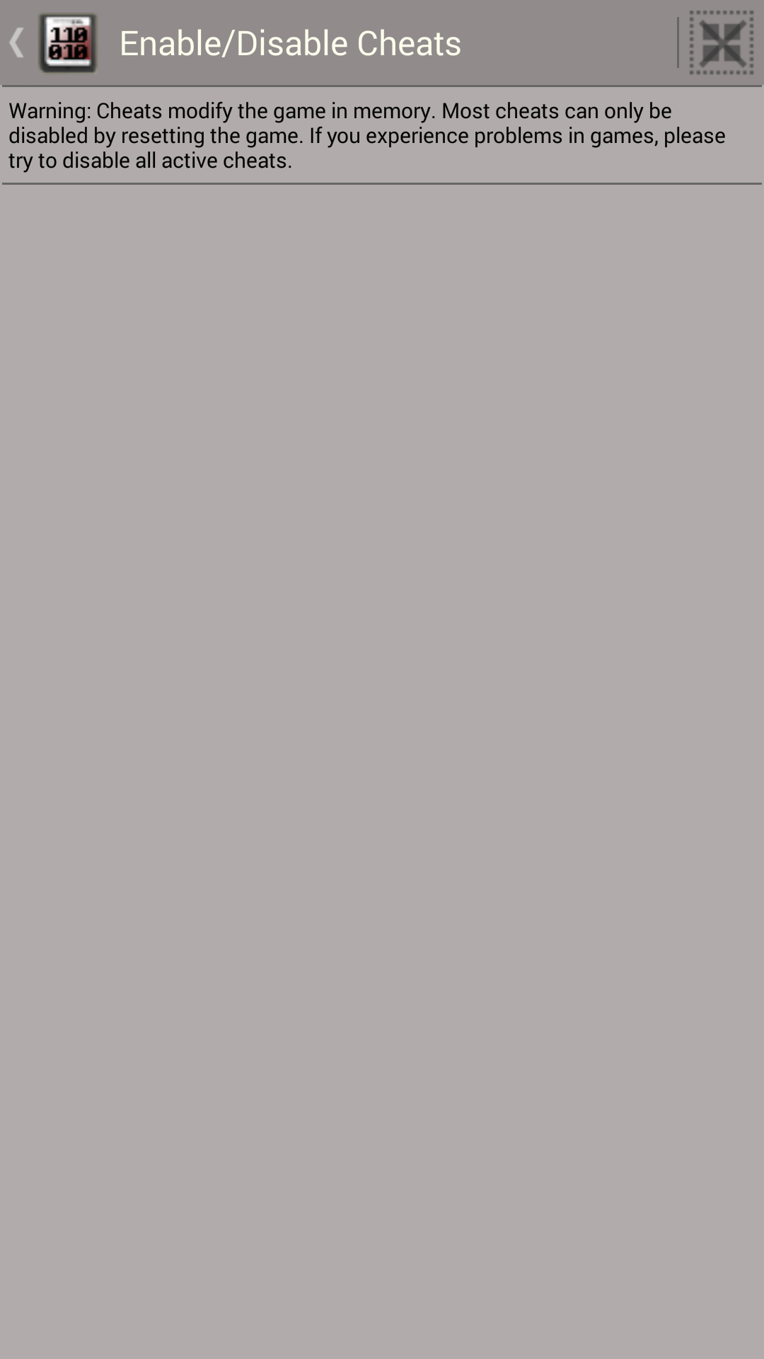 This is the screenshots of my phone when I try to enable cheats. Nothing appears!!