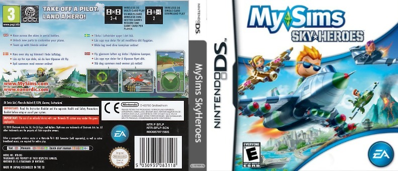 MySims SkyHeroes. I FINALLY found back-cover scans for this game, both US and EU. I chose EU because it was a better-quality scan than the US one. The front cover is US, the back is EU, and the spine is custom.